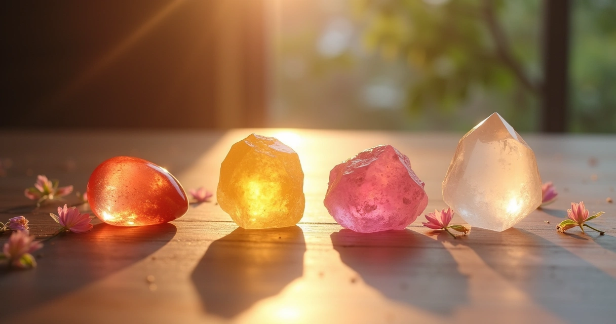 Cristais sobre mesa de madeira: ametista, citrino, quartzo rosa e selenita, simbolizando transformação pessoal.