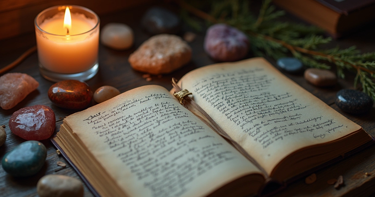 Cristais e vela ao lado de caderno com textos místicos 