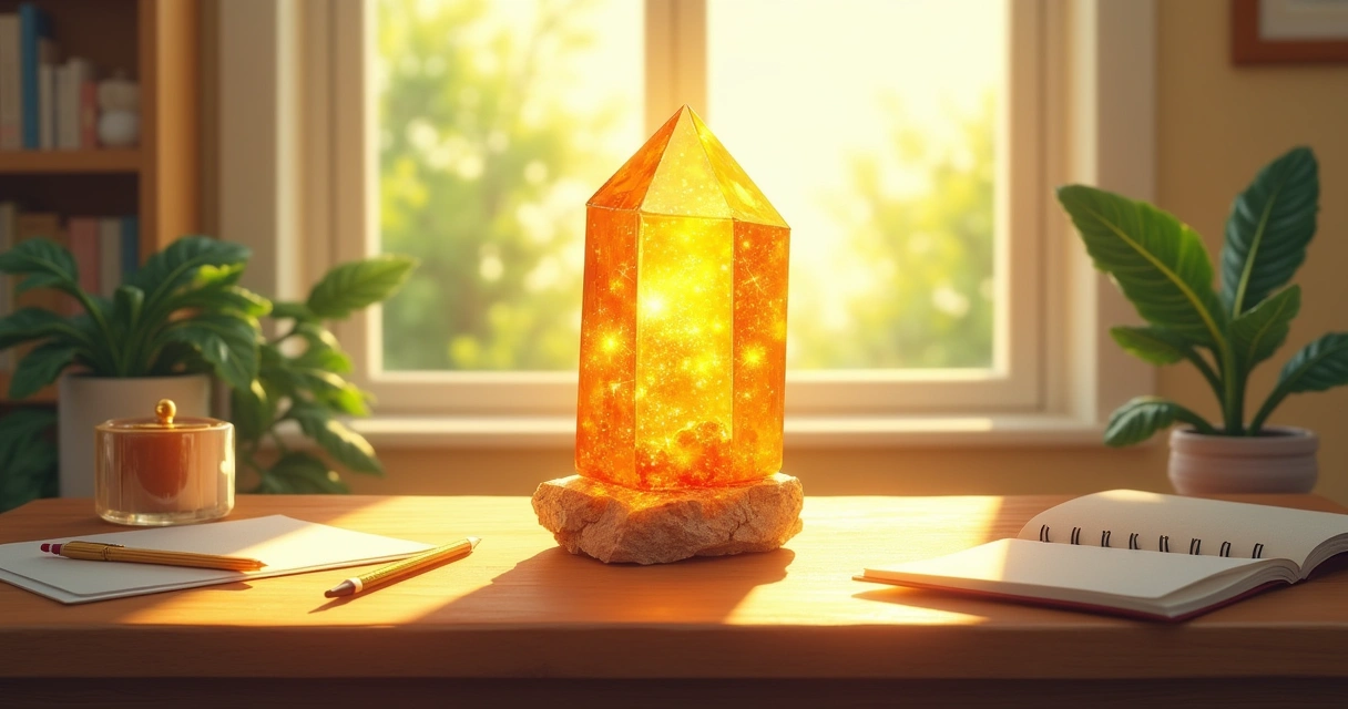 Ilustração de um cristal de citrino brilhante em uma mesa iluminada, simbolizando abundância e prosperidade.
