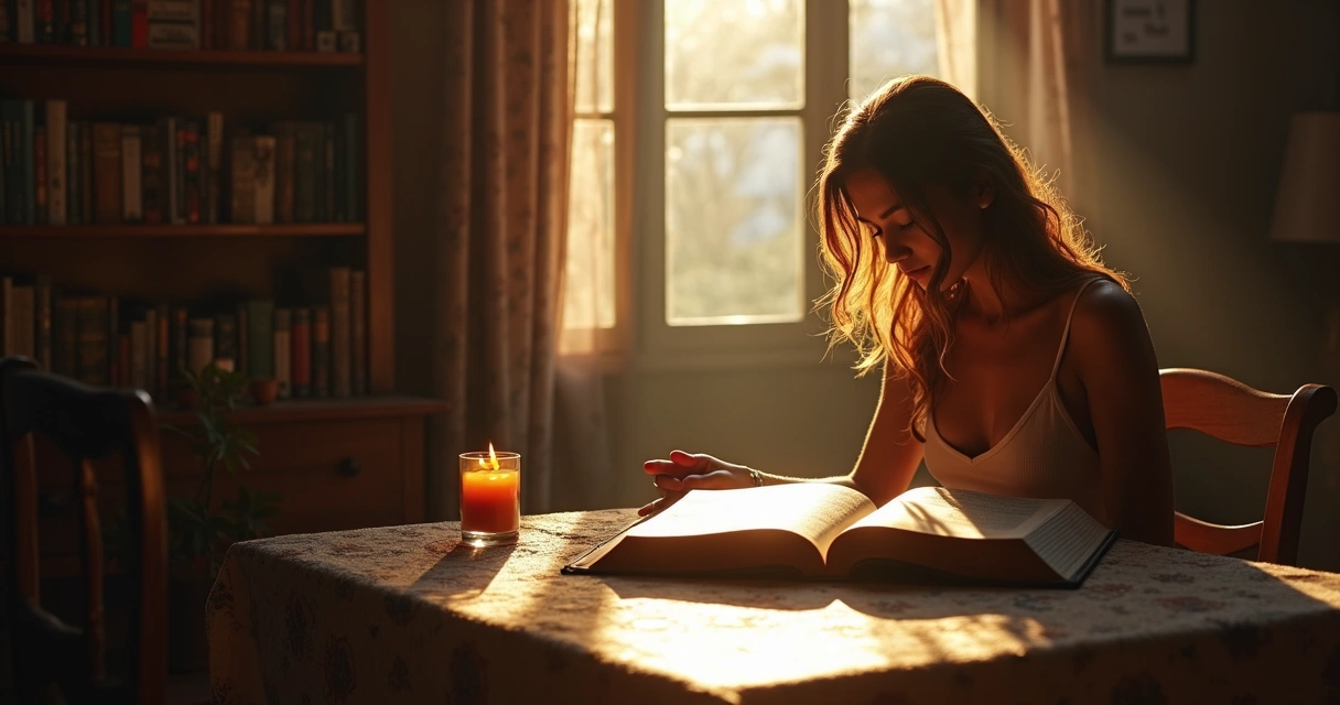 Mulher lendo Bíblia aberta com destaque para o livro de Apocalipse 