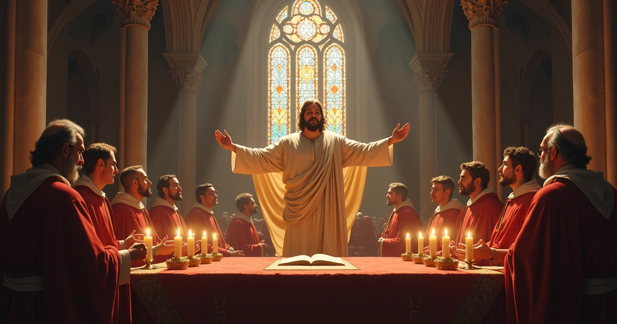 Representação de Cristo em um concílio eclesiástico, com bispos reunidos ao redor. 