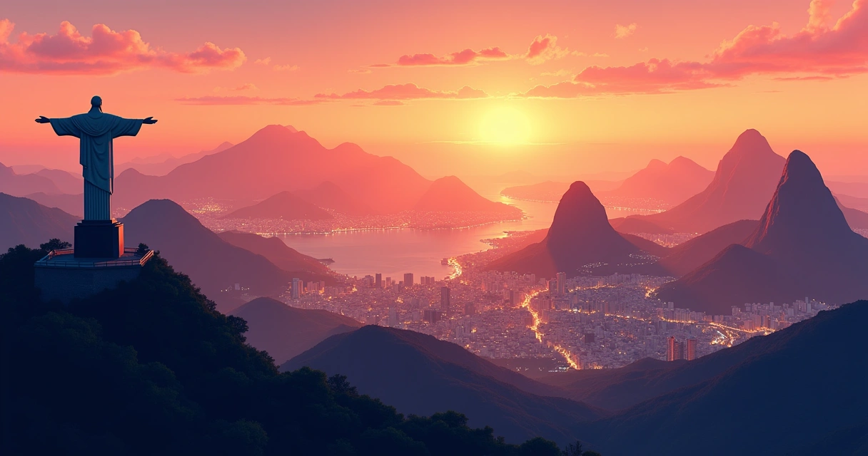 Vista do Cristo Redentor ao entardecer sobre o Rio 