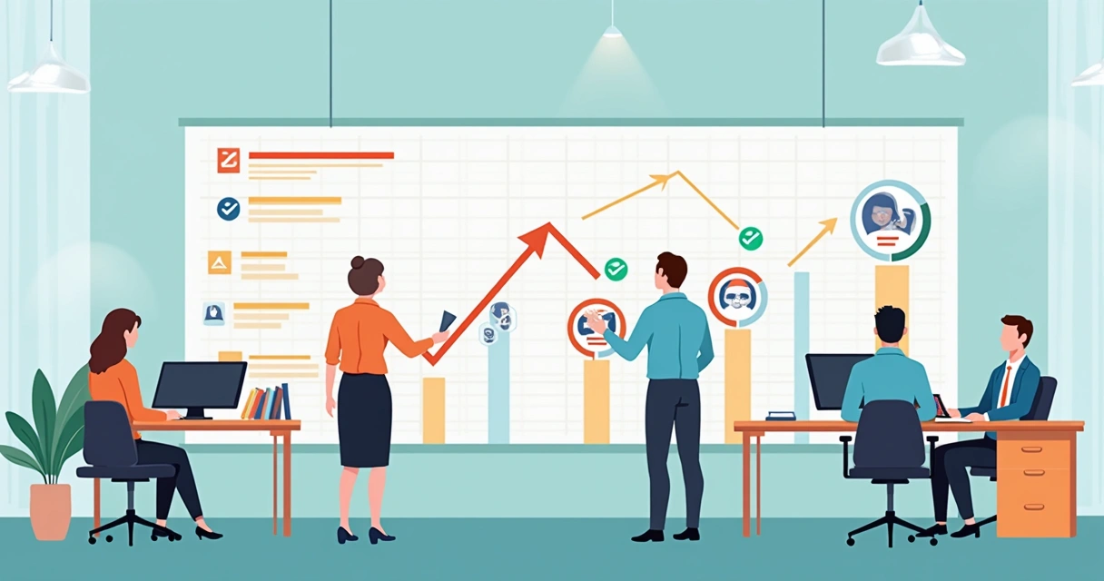 Quadro com metas, nomes do time e progresso para cada cargo desenhado 