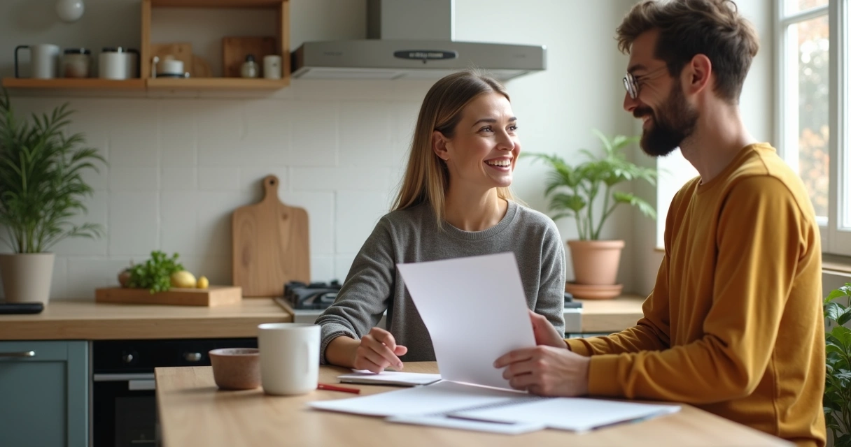 Duas pessoas conversando na cozinha, segurando listas de tarefas e despesas 