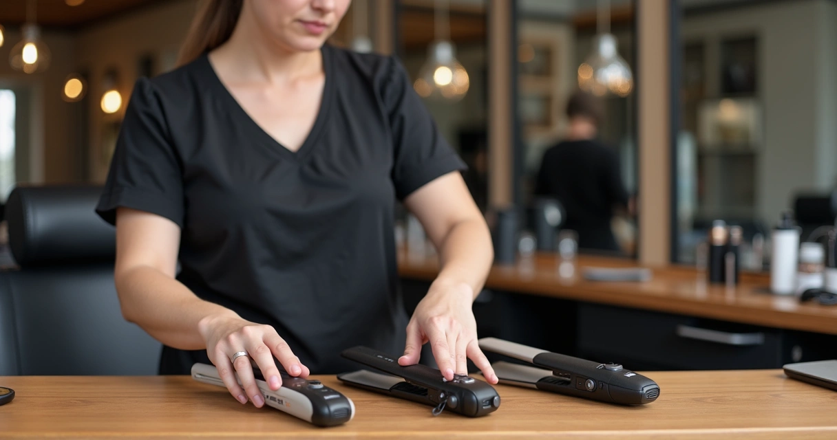 Cabeleireiro analisando diferentes pranchas profissionais 