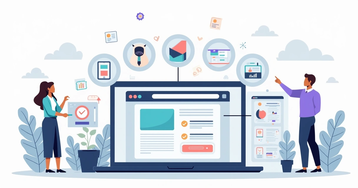 Ilustração de profissionais avaliando ferramentas de criação de landing page em um painel digital 