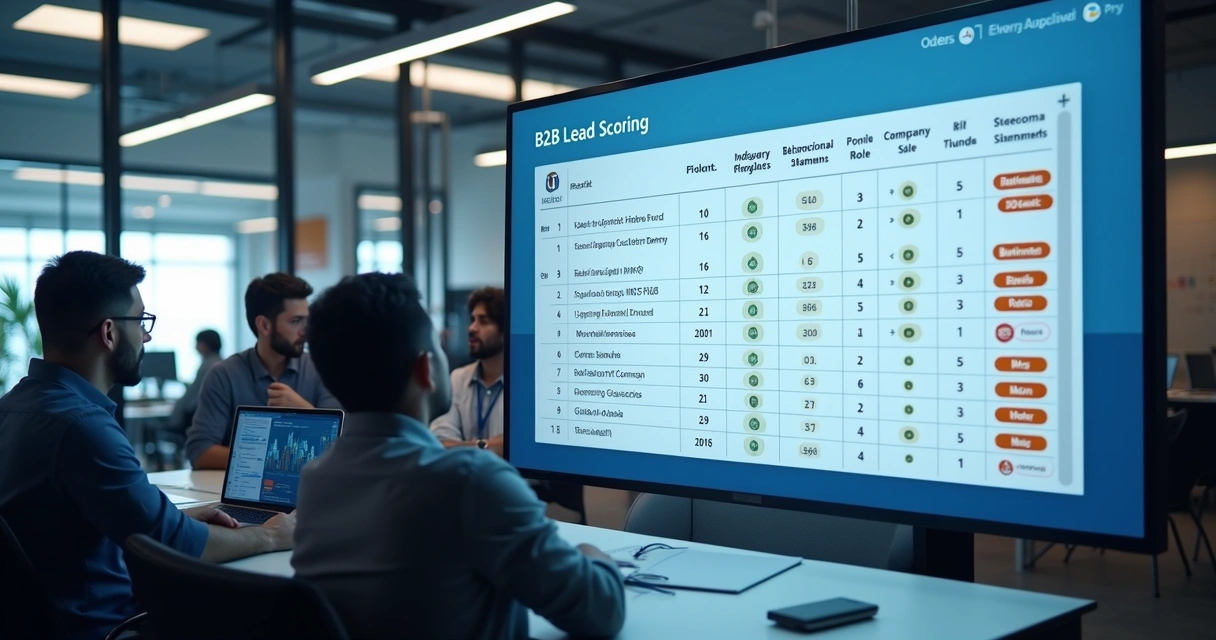 Quadro visual destacando critérios para pontuação de leads B2B, como perfil e comportamento 