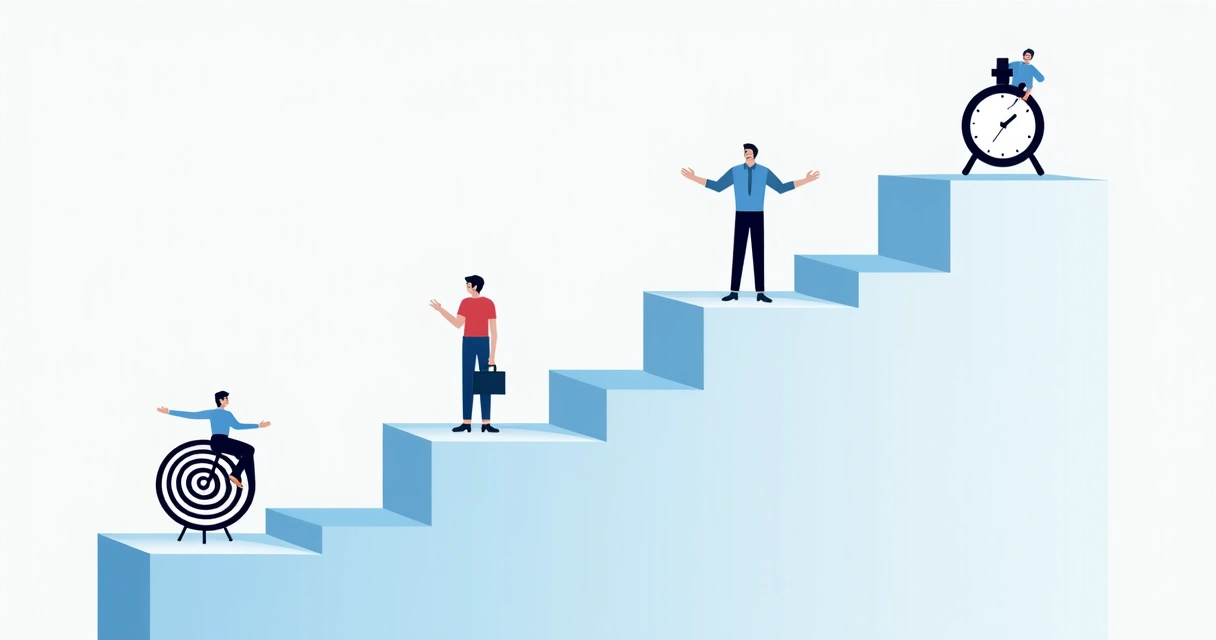 Critérios claros de progressão desenhados em degraus, com ícones de metas, relógio, equipe e handshake 