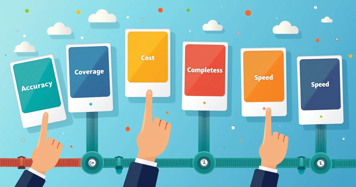 Critérios para selecionar fornecedores de dados em cards coloridos 