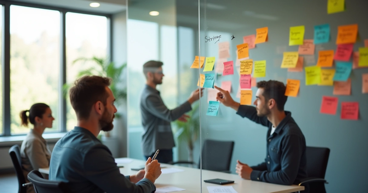 Profesionales en oficina escribiendo comentarios constructivos en una pared de notas 
