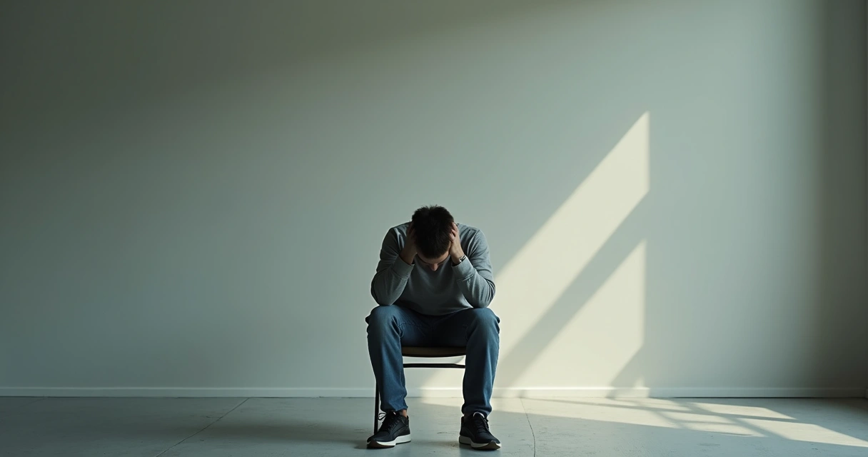 Pessoa sentada em uma cadeira, abaixando a cabeça sozinha em uma sala 