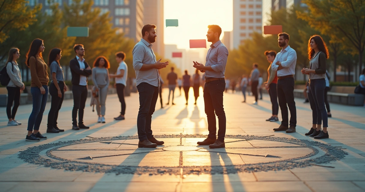 Grupo diverso conversando em praça urbana com setas coloridas conectando balões de fala 