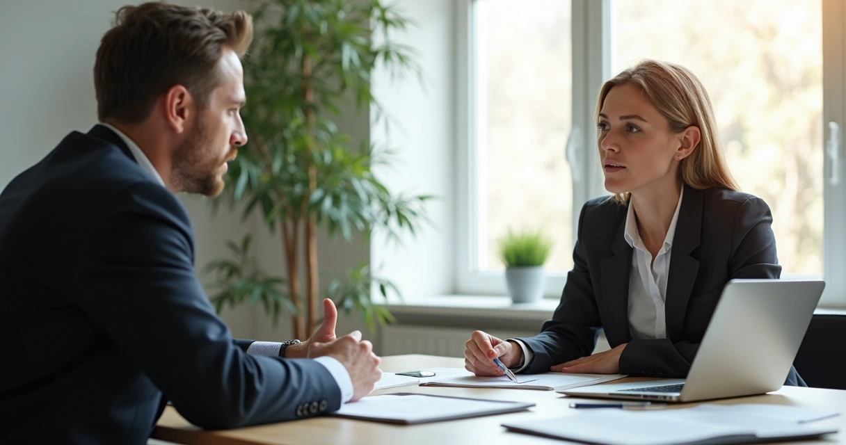 Homem e mulher em sala de reunião, discutindo de forma respeitosa