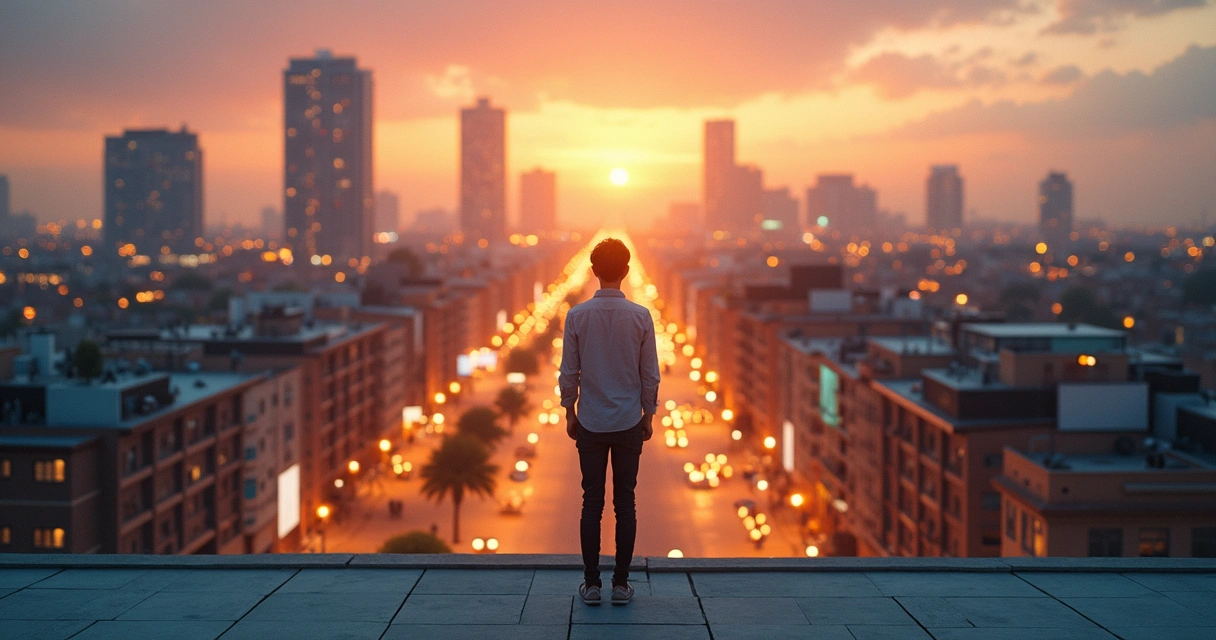 Person on rooftop choosing between two contrasting city paths 