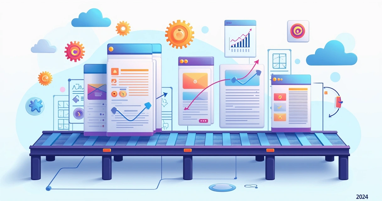Ilustração de esteira digital montando landing pages rápidas com indicadores de desempenho 