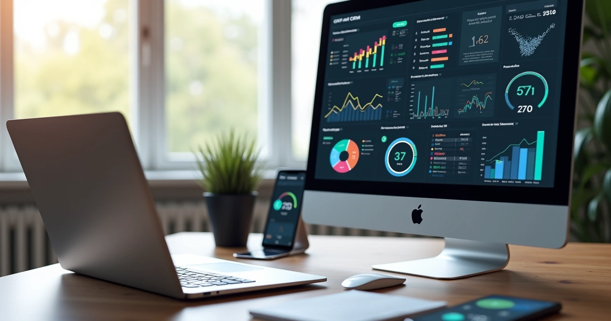 Painel de CRM digital em tela com gráficos e métricas para agências digitais 