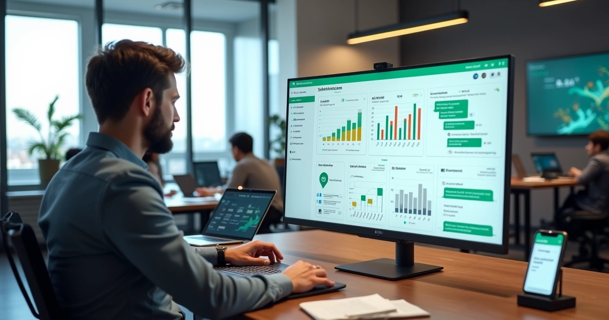 Gestor de agência de marketing analisando painel de CRM integrado ao WhatsApp 