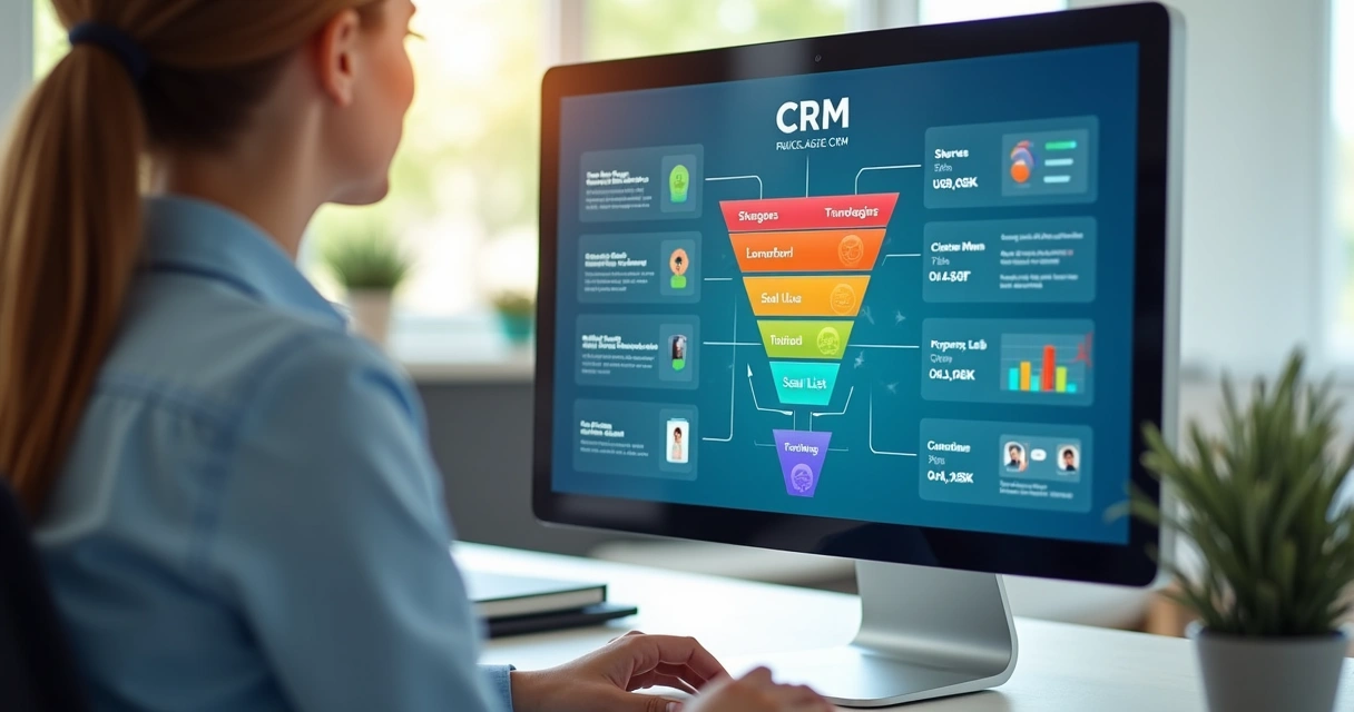 Agente de viagens usando CRM digital, tela cheia de leads, gráficos e funil de vendas 
