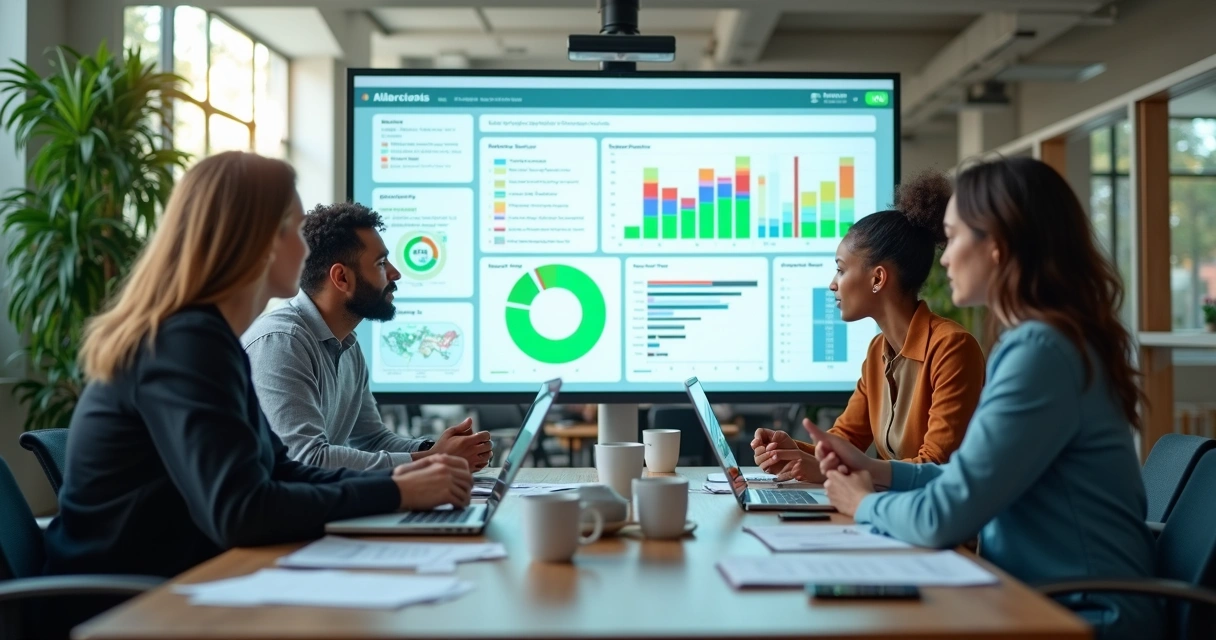 Equipe de agência reunida em torno de um dashboard colorido. 