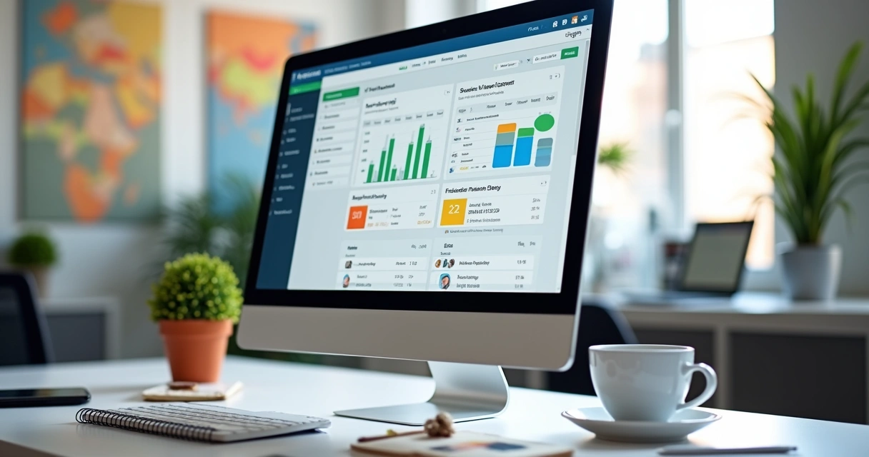 Tela de computador com CRM AGENTE PRO aberto, mostrando painel de controle e gráficos para agências de viagem 