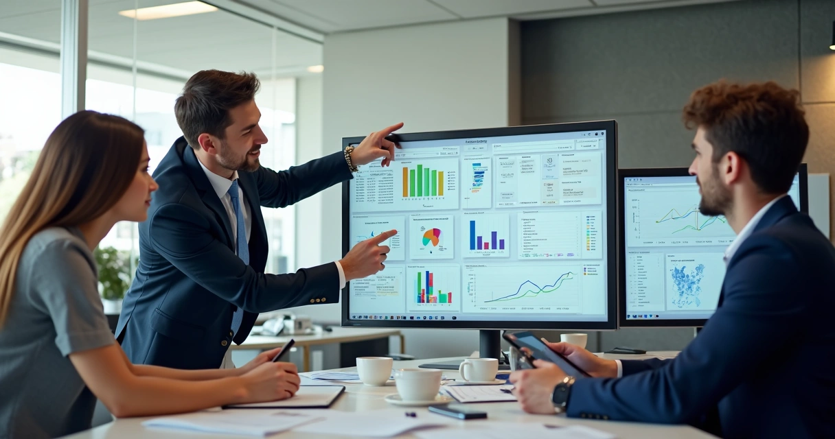 Equipe analisando dados de CRM em dashboards detalhados 