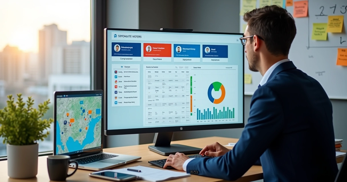 Assessor político analisa painel de CRM com dados de eleitores em gabinete moderno 