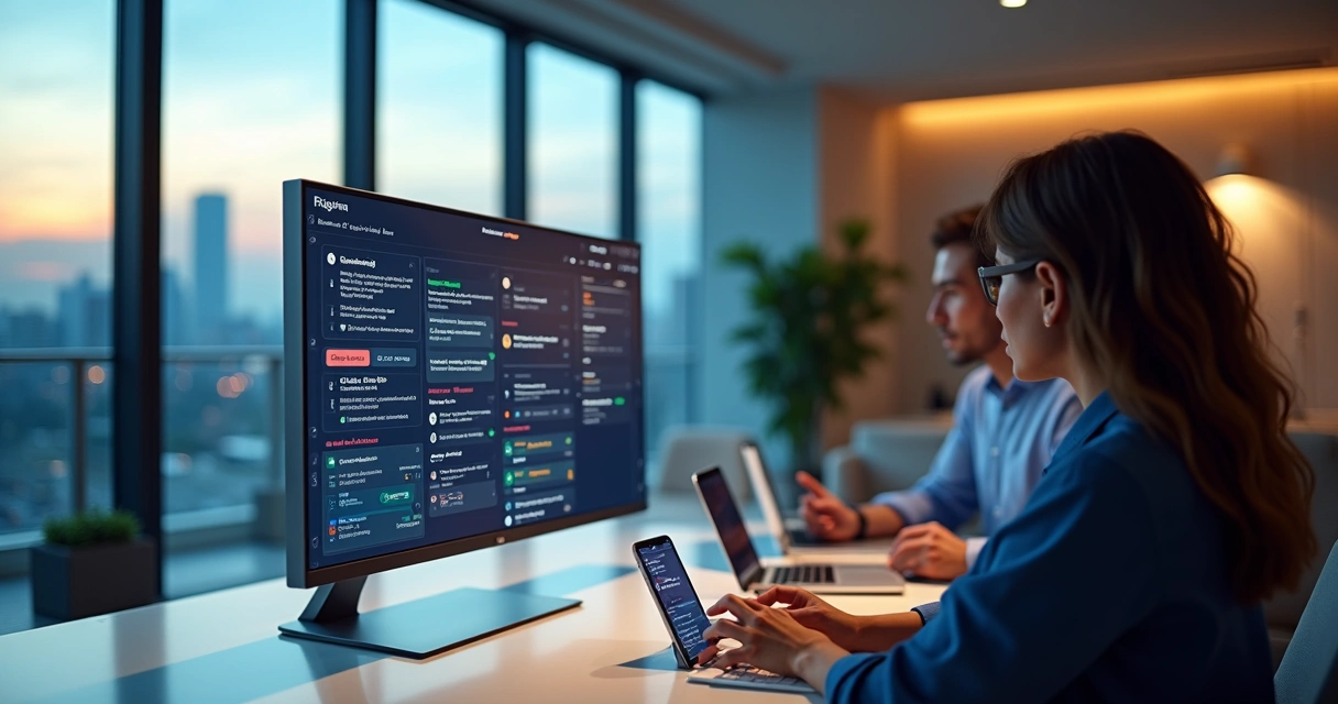 Equipe de hotel usando CRM em vários dispositivos no balcão de atendimento digital 