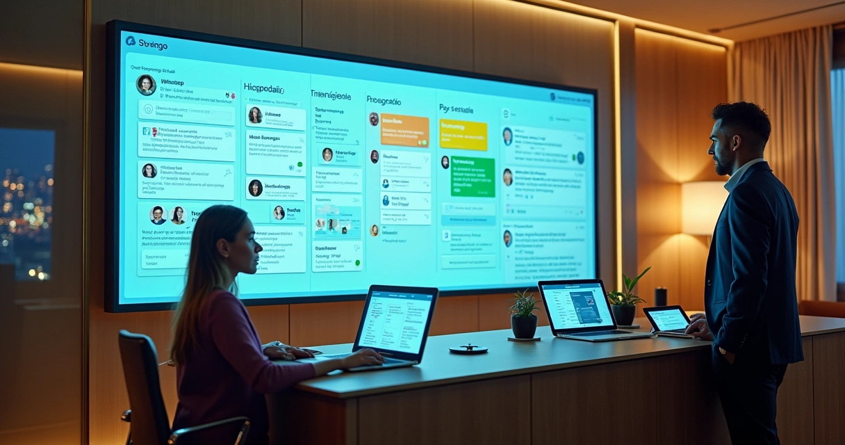 Equipe de hotel acompanhando mensagens e dados de hóspedes em tela grande de CRM de atendimento 