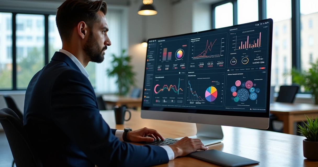 Profissional de marketing analisando dados e gráficos de CRM em tela de computador moderno, coworking sofisticado com decoração elegante e iluminação natural 