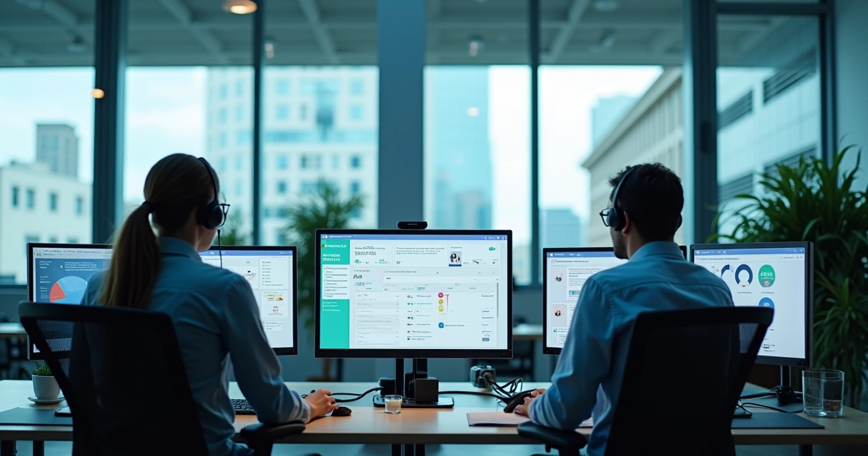 Equipe de atendimento usando painel de CRM integrado ao WhatsApp na tela do computador 