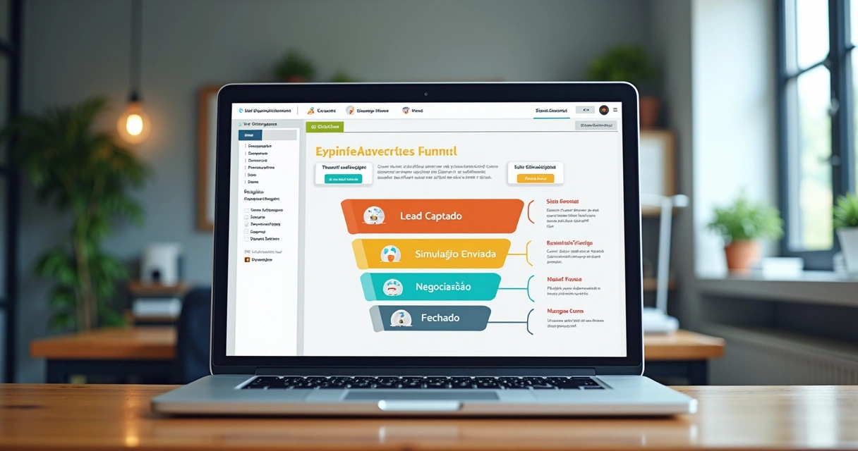 Painel de CRM mostrando funil de vendas e automação para energia solar 