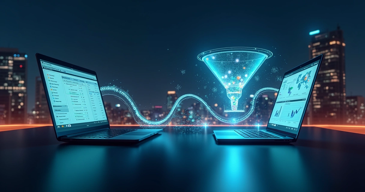 Fluxo contínuo de dados conectando crm e automação em funil de vendas digital 