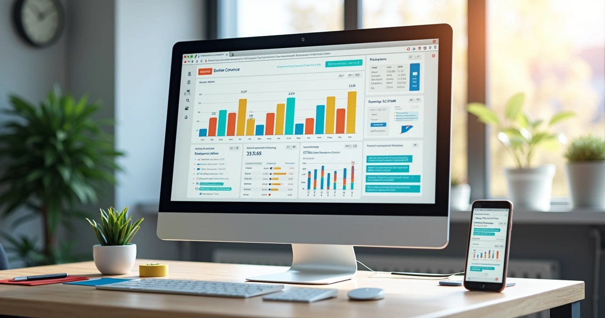 Dashboard de CRM colorido em tela de computador em ambiente de agência digital 