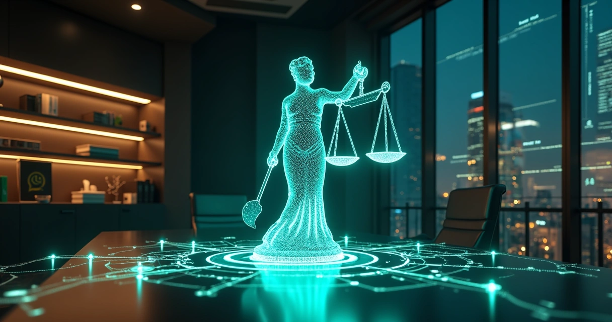 Fluxos automatizados conectando balanças da justiça a ícones de tecnologia em escritório de advocacia moderno 