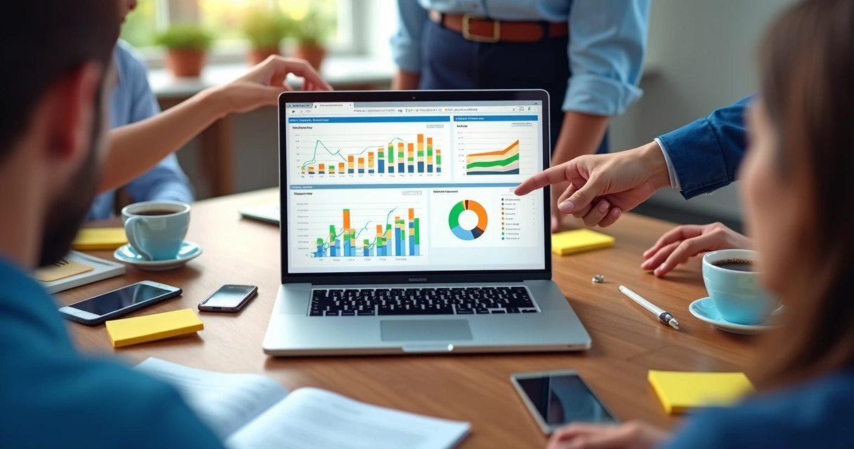 Tela de CRM para SaaS sendo usada em uma mesa de reunião 