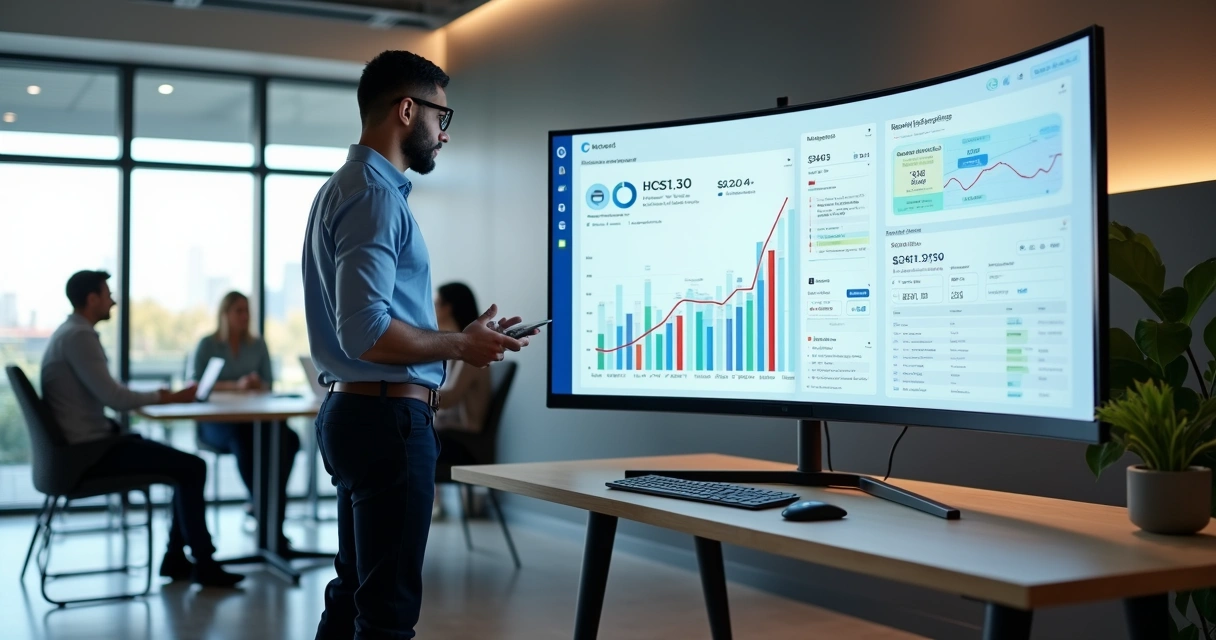 Gestor analisando painel de CRM automatizado com gráficos de receita em alta 