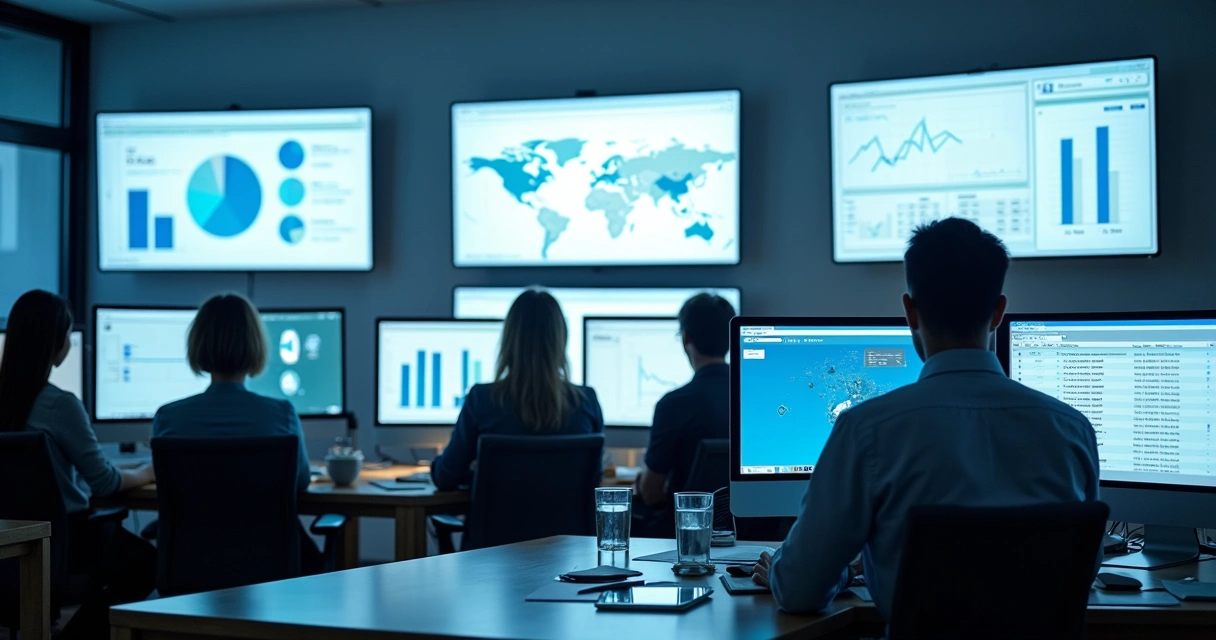 Equipe de e-commerce analisando dados de CRM em monitores grandes 