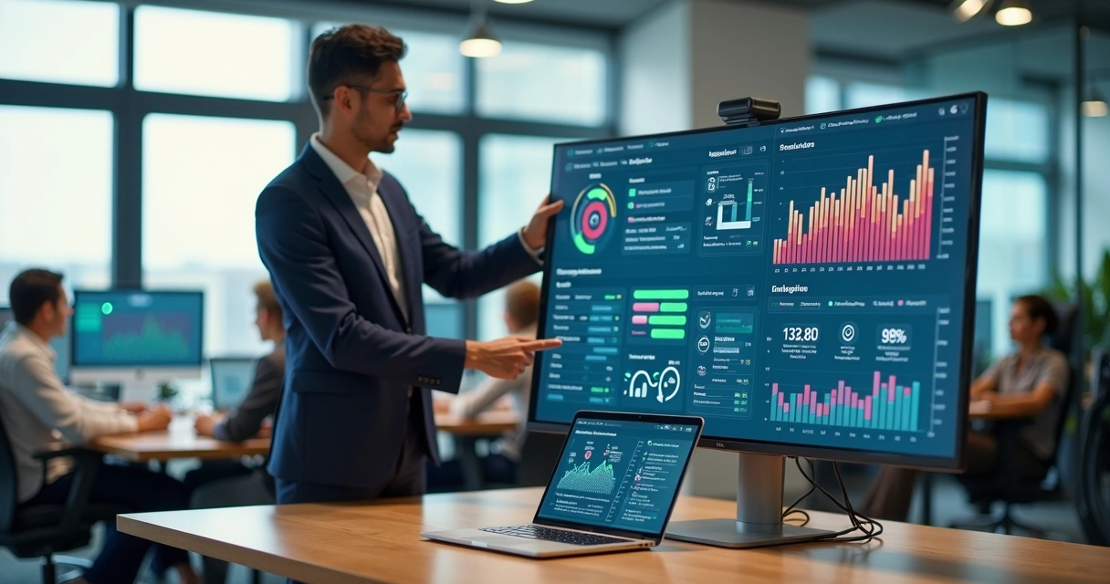 Gestor imobiliário analisando dashboard de CRM automatizado com equipe de corretores ao fundo 