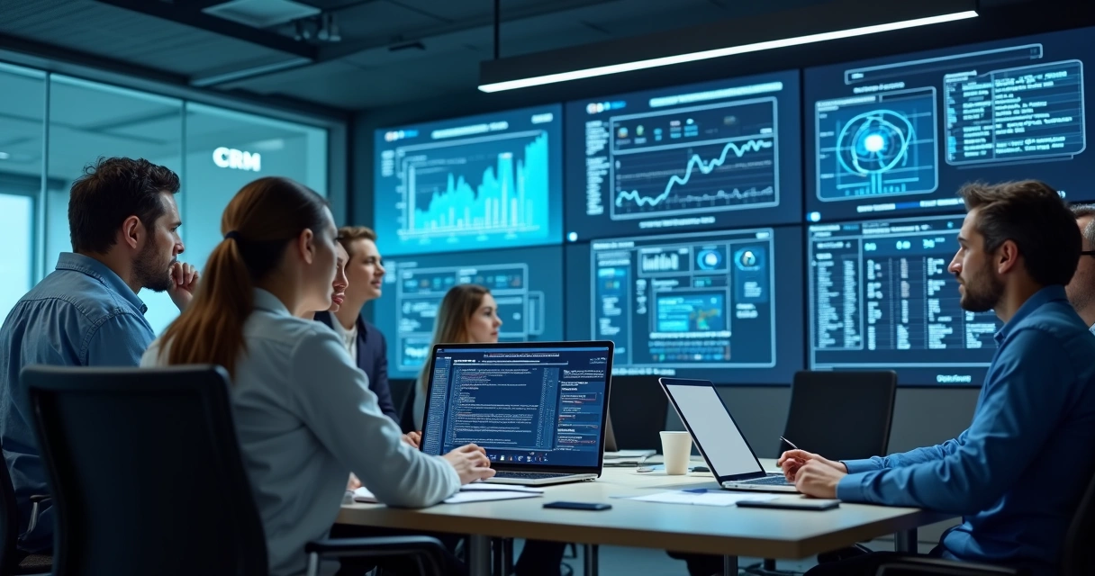 Equipe observando dados de CRM sendo atualizados automaticamente em várias telas