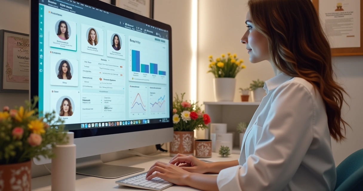 Profissional de estética analisando CRM de clientes na tela do computador