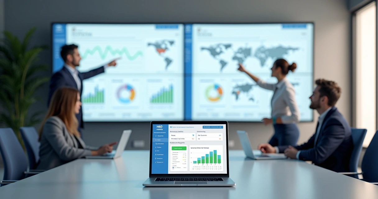 Team reviewing CRM and BI dashboards on large screens