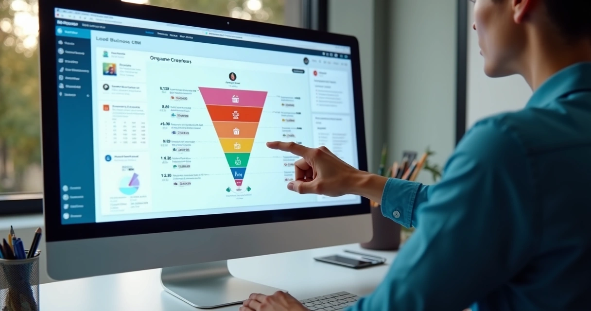 Sistema CRM digital integrado mostrando etapas de leads e vendas em tela 