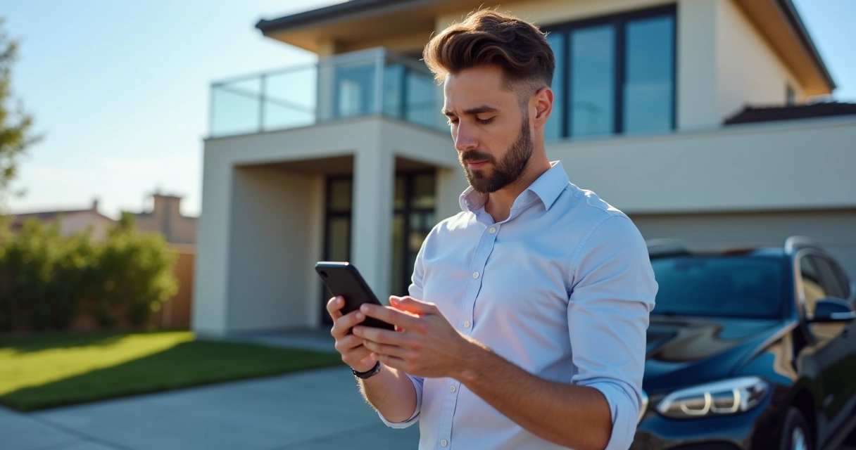 Corretor acessando CRM pelo celular durante visita a imóvel 