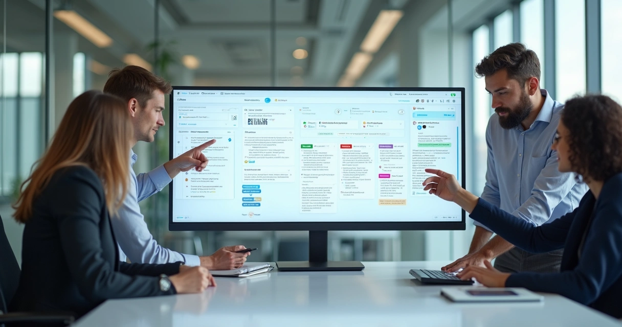 Painel de CRM com equipe analisando funil de vendas e atendimentos em um único dashboard 