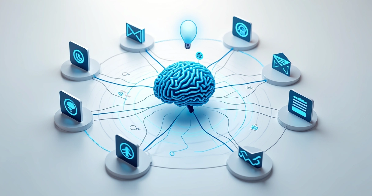 Visão gráfica de dados centralizados em CRM com IA conectando canais digitais 