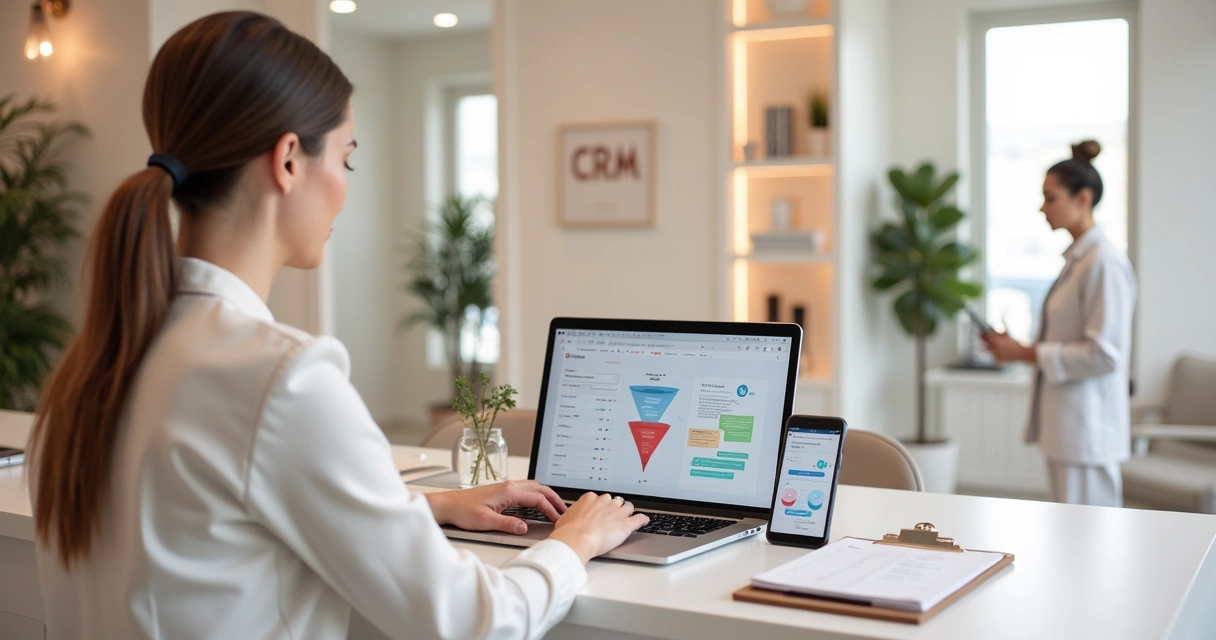 Gestora de clínica de beleza usando CRM em notebook com agenda cheia na tela 