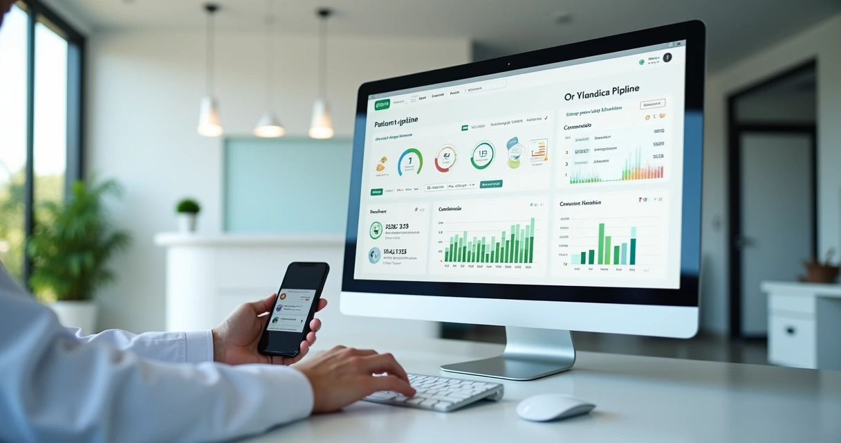 Painel de CRM com dados de pacientes em clínica moderna 