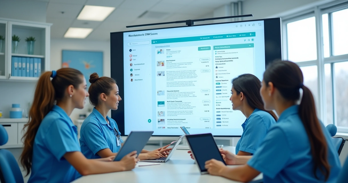 Equipe de clínica odontológica usando CRM para organizar leads 