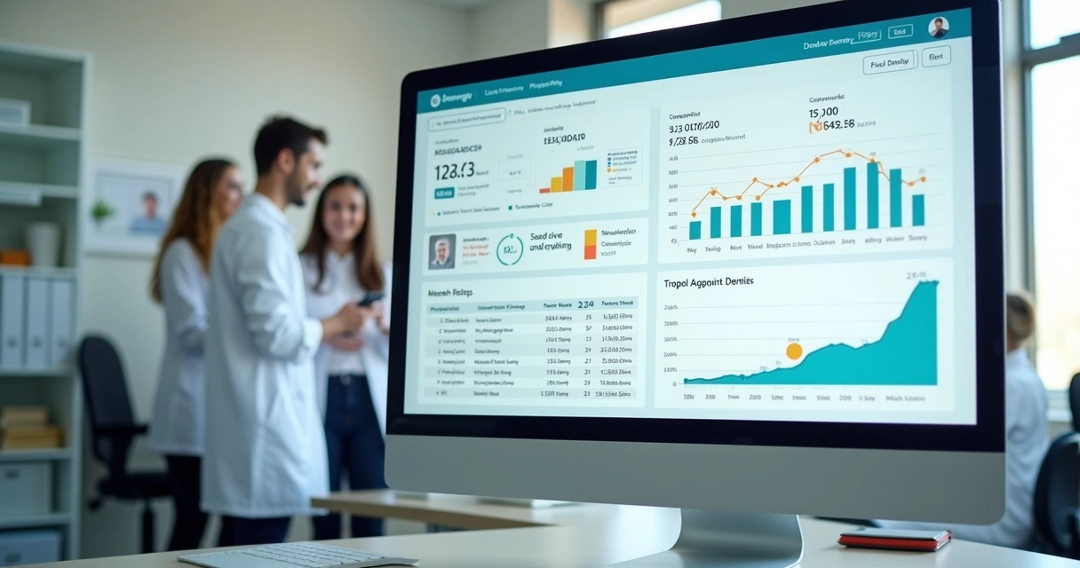 Painel de CRM odontológico exibido em tela de computador com gráficos de conversão, ao fundo equipe analisando dados 