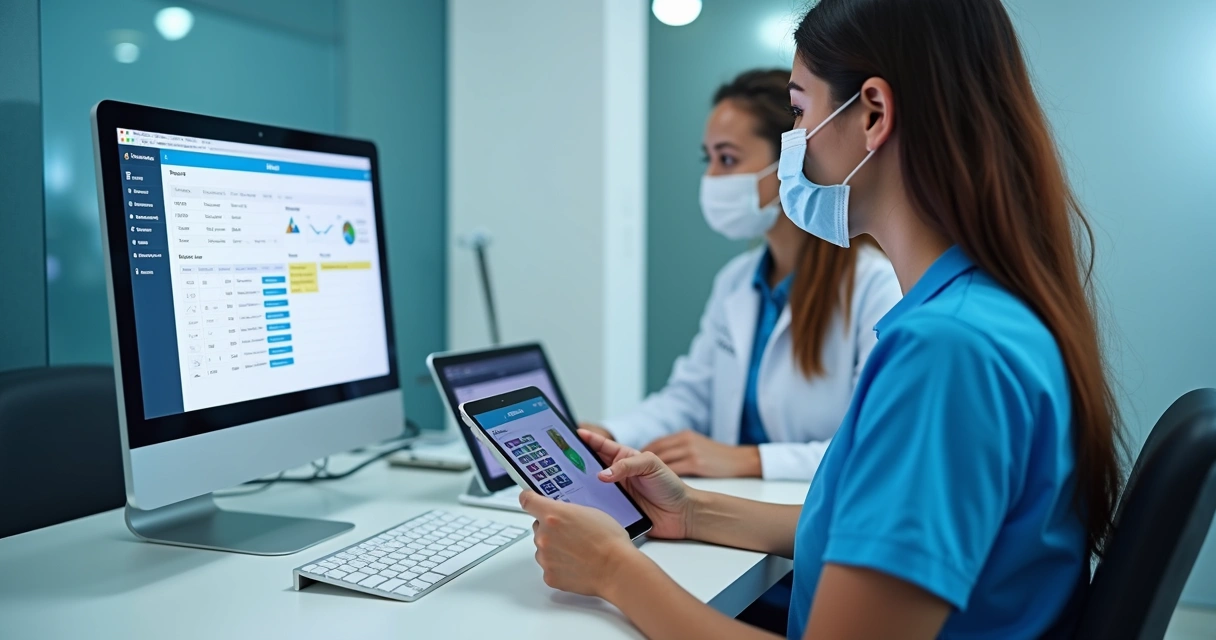 Equipe de clínica odontológica usando CRM em tablets e computador